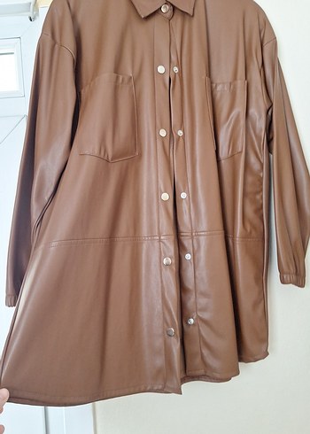 Bej Kadın Deri Düğmeli Uzun Ceket - Görsel 10