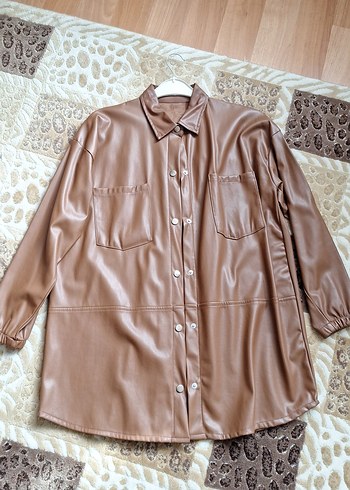 Bej Kadın Deri Düğmeli Uzun Ceket - Görsel 2