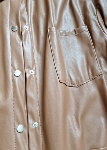 Bej Kadın Deri Düğmeli Uzun Ceket - Görsel 7