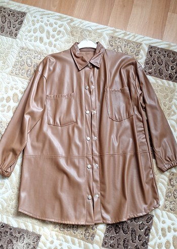 Bej Kadın Deri Düğmeli Uzun Ceket - Görsel 3