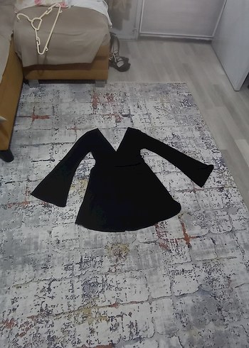 m Beden siyah Renk Siyah V Yaka Uzun Kollu Mini Elbise