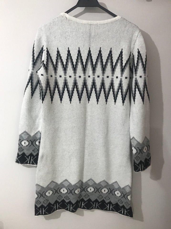 Bohem Desenli Uzun Kollu Gri Triko Elbise - Görsel 2