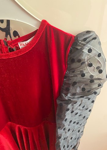 Kız Çocuk Kırmızı Puantiyeli Tül Kollu Elbise - Görsel 2