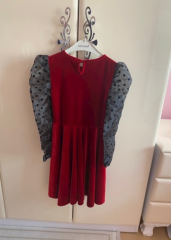 Kız Çocuk Kırmızı Puantiyeli Tül Kollu Elbise - Görsel 5