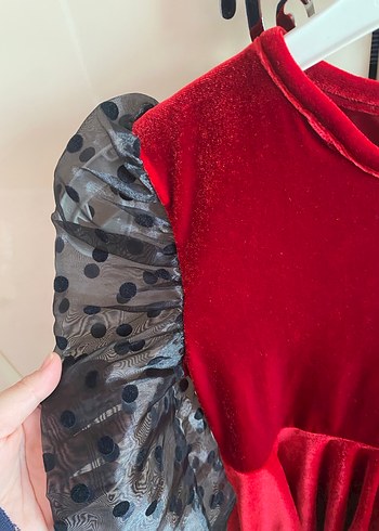 Kız Çocuk Kırmızı Puantiyeli Tül Kollu Elbise - Görsel 3