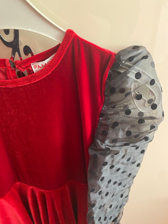 Kız Çocuk Kırmızı Puantiyeli Tül Kollu Elbise - Görsel 2