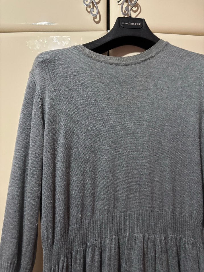 Gri Uzun Kollu Pilili Kadın Triko Elbise - Görsel 4