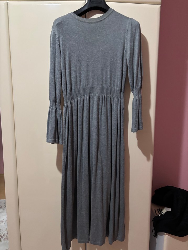 Gri Uzun Kollu Pilili Kadın Triko Elbise - Görsel 3