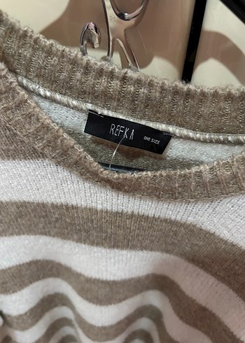 Bej krem Çizgili Uzun Kollu Triko Kazak standart beden - Görsel 6