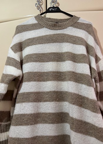 Bej krem Çizgili Uzun Kollu Triko Kazak standart beden - Görsel 4