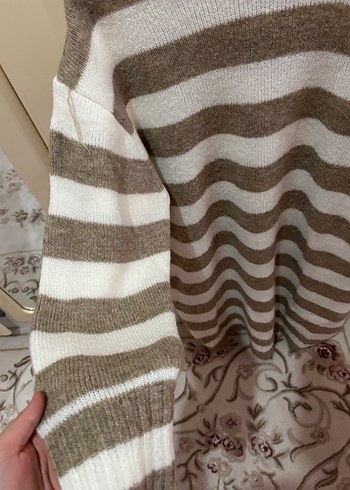 Bej krem Çizgili Uzun Kollu Triko Kazak standart beden - Görsel 7