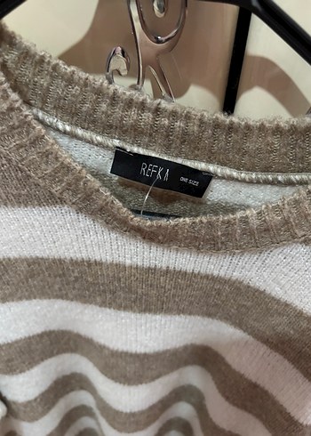 Bej krem Çizgili Uzun Kollu Triko Kazak standart beden - Görsel 5