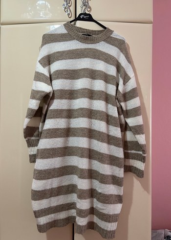 Bej krem Çizgili Uzun Kollu Triko Kazak standart beden - Görsel 3