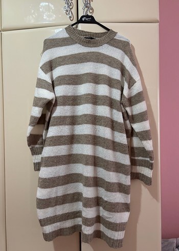 Bej krem Çizgili Uzun Kollu Triko Kazak standart beden - Görsel 2