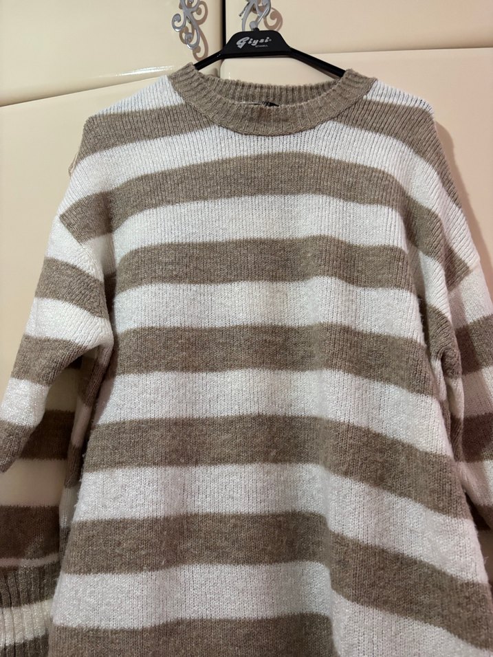 Bej krem Çizgili Uzun Kollu Triko Kazak standart beden - Görsel 4