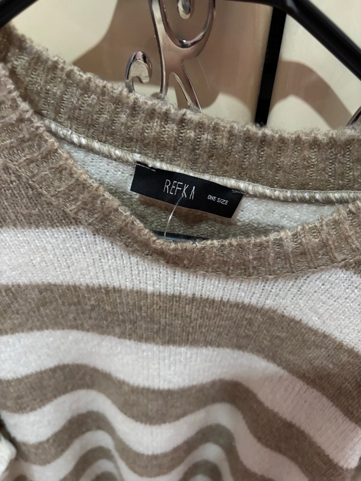Bej krem Çizgili Uzun Kollu Triko Kazak standart beden - Görsel 5