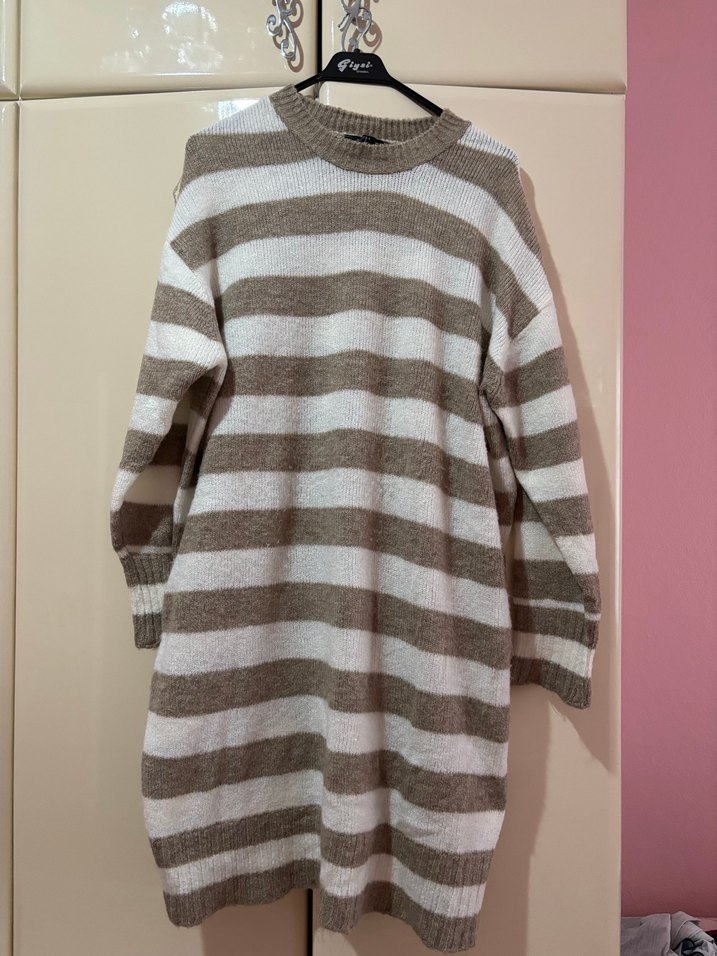 Bej krem Çizgili Uzun Kollu Triko Kazak standart beden - Görsel 3