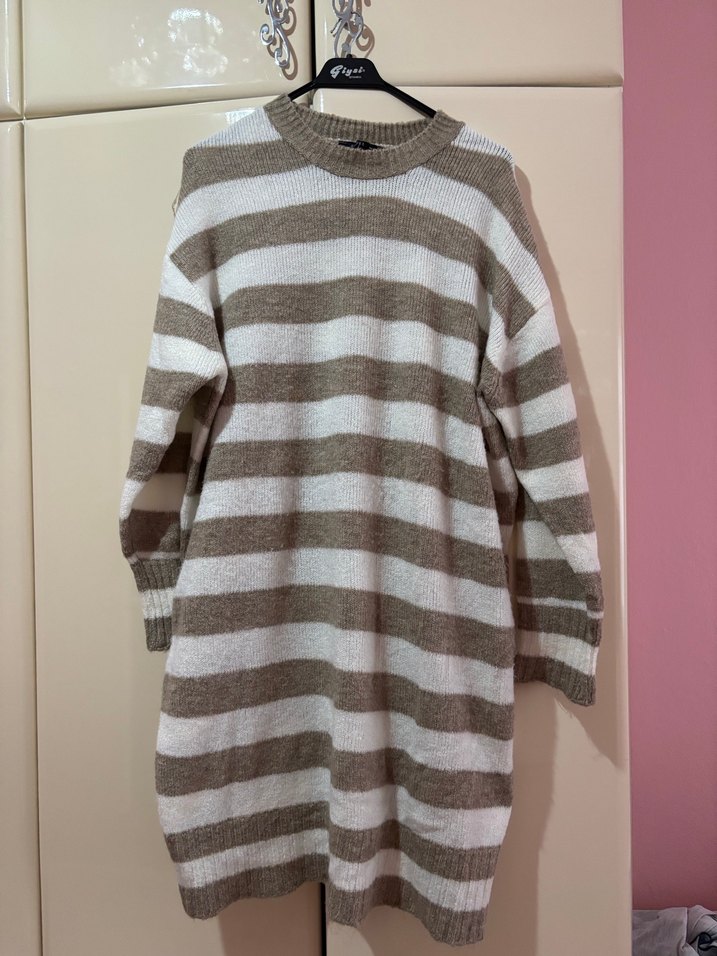 Bej krem Çizgili Uzun Kollu Triko Kazak standart beden - Görsel 2