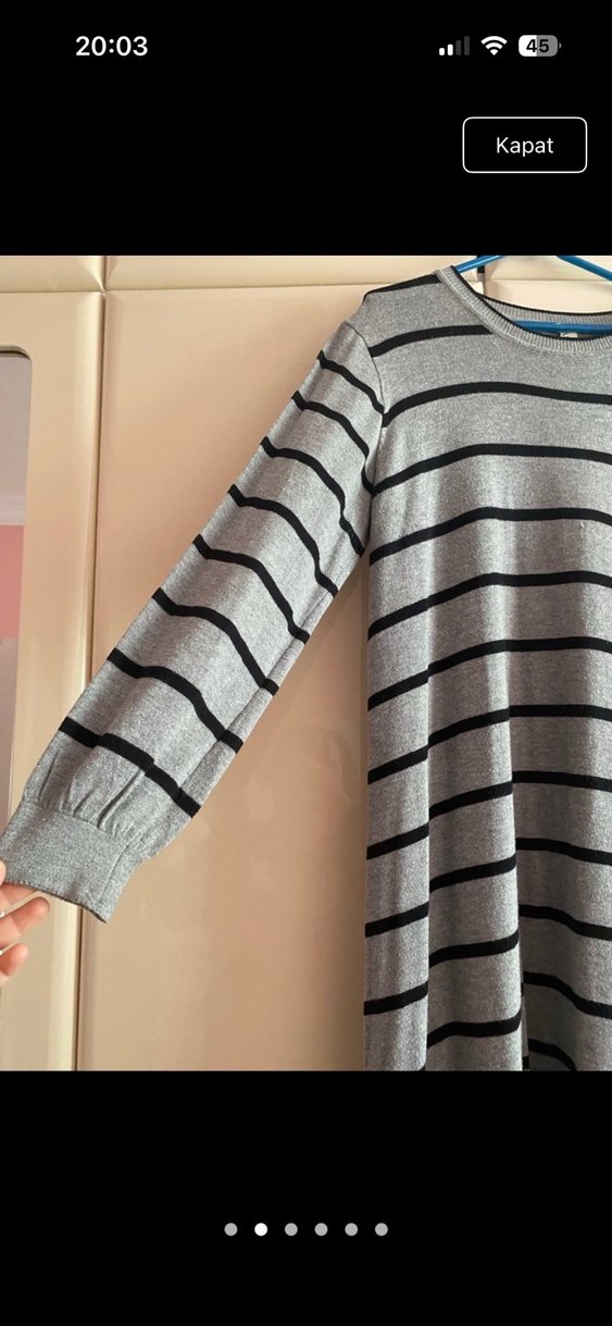 Gri Çizgili Uzun Kollu Triko Elbise standart beden - Görsel 2