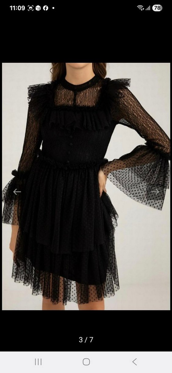 Uzun Kollu Fırfırlı Siyah Mini Elbise - Görsel 3