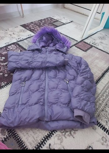 11-12 Yaş Beden Kızlar için Kapüşonlu Mor Kürklü Mont