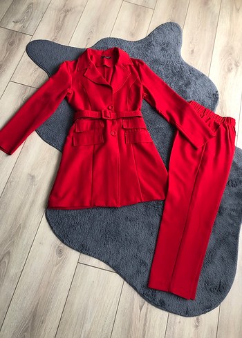 Kemerli Kırmızı Kadın Uzun Takım - Görsel 13