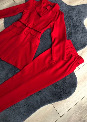 Kemerli Kırmızı Kadın Uzun Takım - Görsel 9