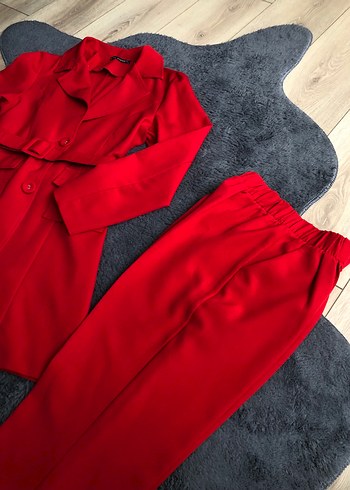 Kemerli Kırmızı Kadın Uzun Takım - Görsel 8