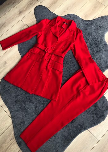 Kemerli Kırmızı Kadın Uzun Takım - Görsel 6