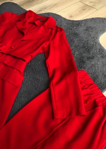 Kemerli Kırmızı Kadın Uzun Takım - Görsel 11