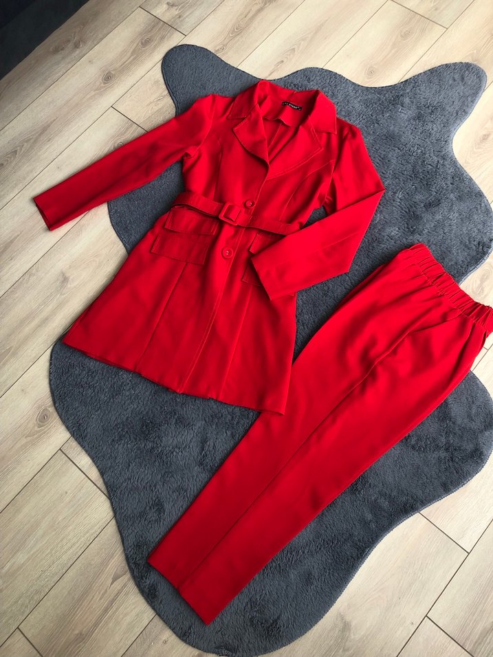 Kemerli Kırmızı Kadın Uzun Takım - Görsel 2