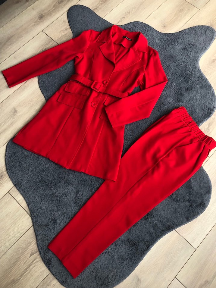 Kemerli Kırmızı Kadın Uzun Takım - Görsel 3