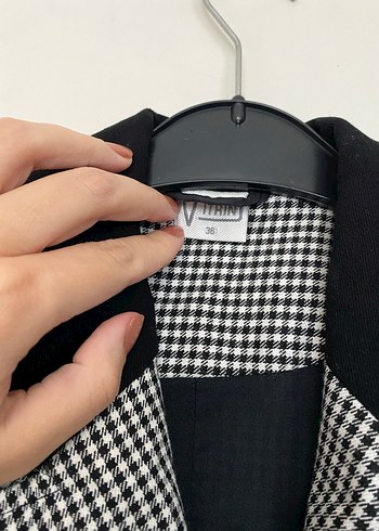 s Beden gri Renk Kemerli Gri Kareli Kadın Blazer Ceket