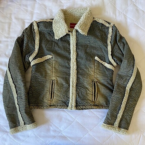 Vintage peluş kürklü eskitme kot ceket