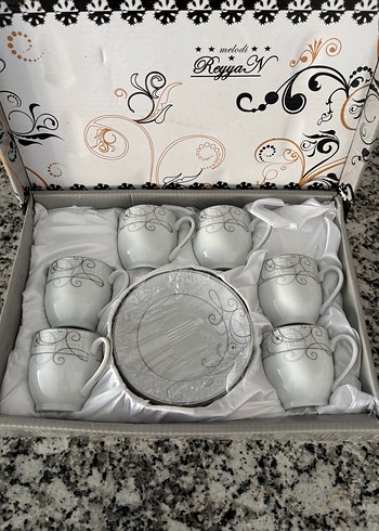 Gri Desenli Beyaz Porselen Kahve Fincan Seti - Görsel 2