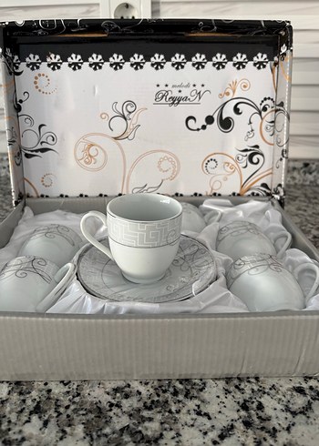 Gri Desenli Beyaz Porselen Kahve Fincan Seti - Görsel 3