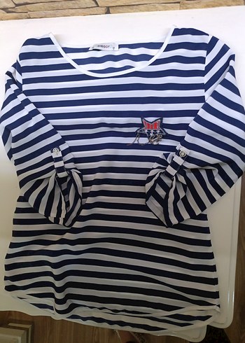 Kısa Kollu Mavi Çizgili  Tişört - Görsel 2