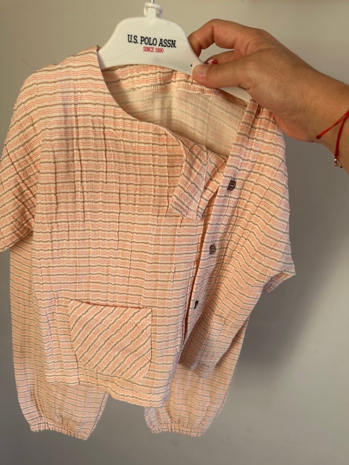 Bej Keten Bebek Takımı Düğmeli Kısa Kollu - Görsel 2