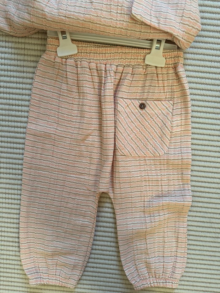 Bej Keten Bebek Takımı Düğmeli Kısa Kollu - Görsel 4