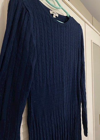 Uzun Kollu Lacivert Pilili Midi Elbise - Görsel 4