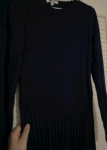 Uzun Kollu Lacivert Pilili Midi Elbise - Görsel 2