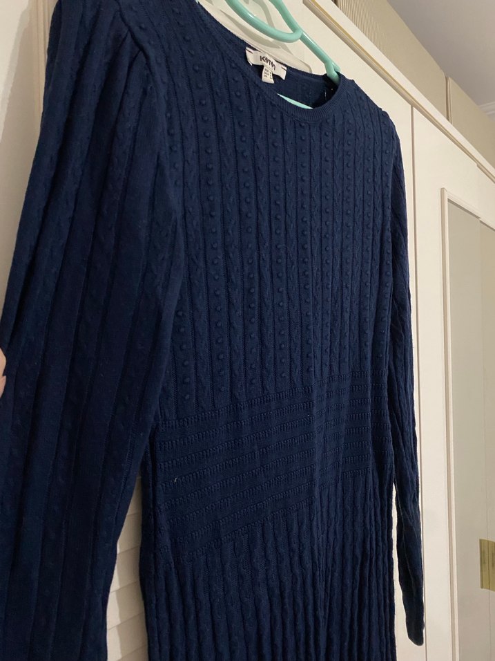 Uzun Kollu Lacivert Pilili Midi Elbise - Görsel 4