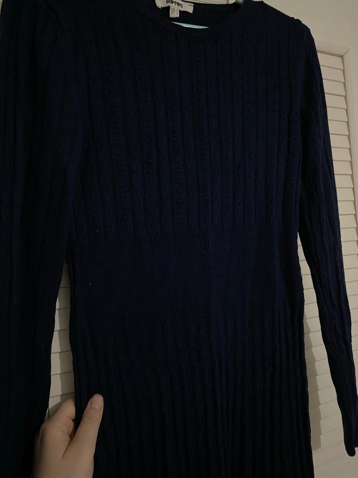 Uzun Kollu Lacivert Pilili Midi Elbise - Görsel 2