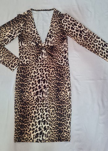 Leopar Desenli Uzun Kollu Likralı Elbise
