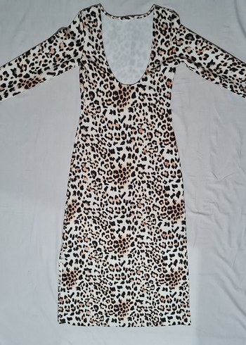 Tasarımcı Leopar Desenli Arkası Açık Uzun Elbise