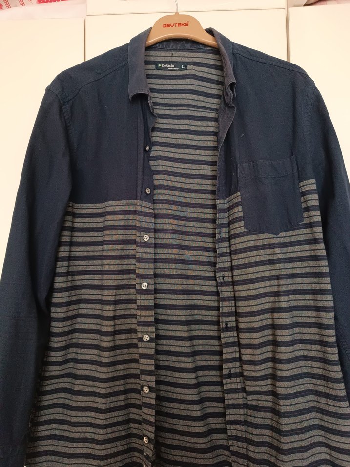 Erkek Gri Mavi Denim Uzun Kollu Gömlek - Görsel 2