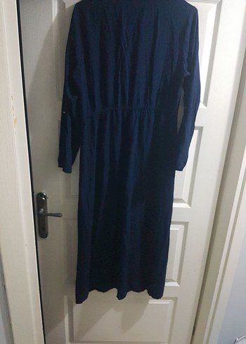 defacto xxl beden Düğmeli Lacivert Keten Uzun Elbise - Görsel 2