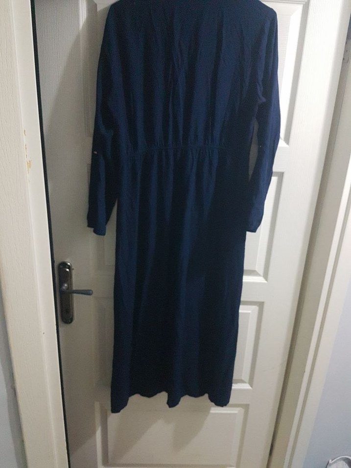 defacto xxl beden Düğmeli Lacivert Keten Uzun Elbise - Görsel 2