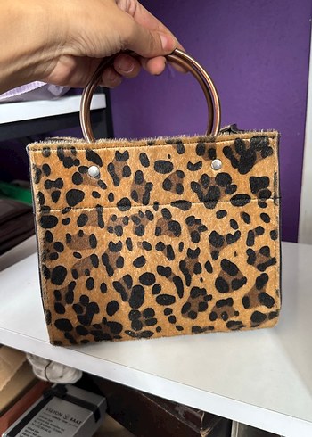 Kürk Detaylı Leopar Desenli Kahverengi Deri Çanta