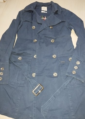 Bershka Düğmeli Lacivert Denim Trençkot